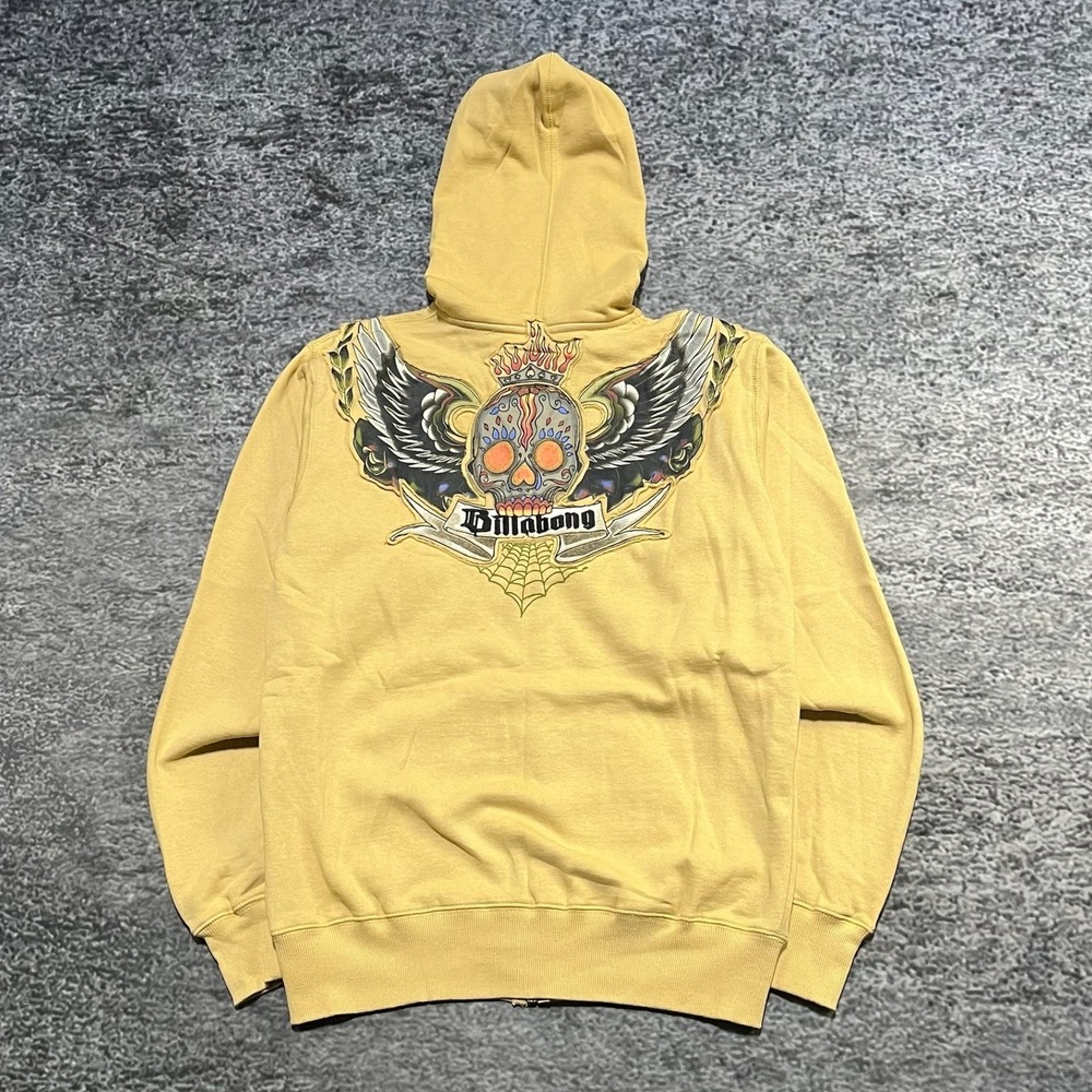 Billabong Zip Up Hoodie‎ Mens Small Yellow Vintage Y2K Skull Wings Grunge - NEW